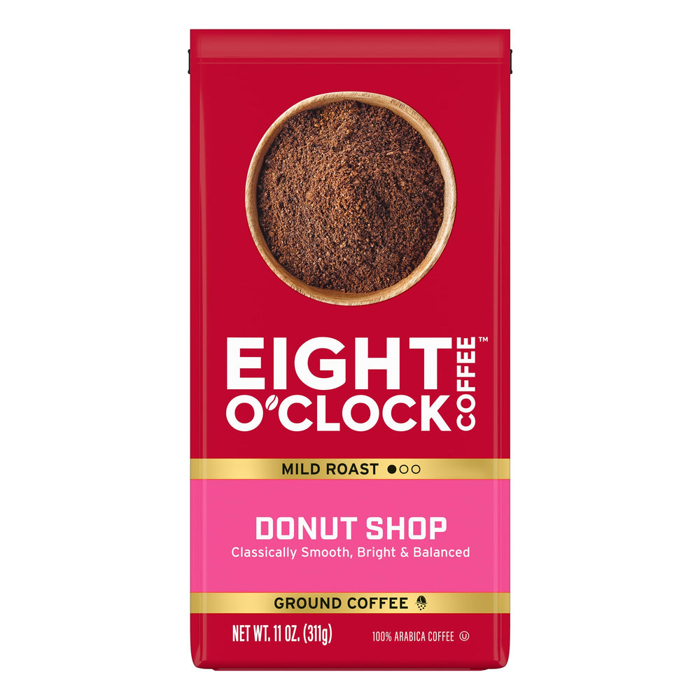 Eight O'Clock Donut Shop ground coffee bag showing smooth, balanced flavor.