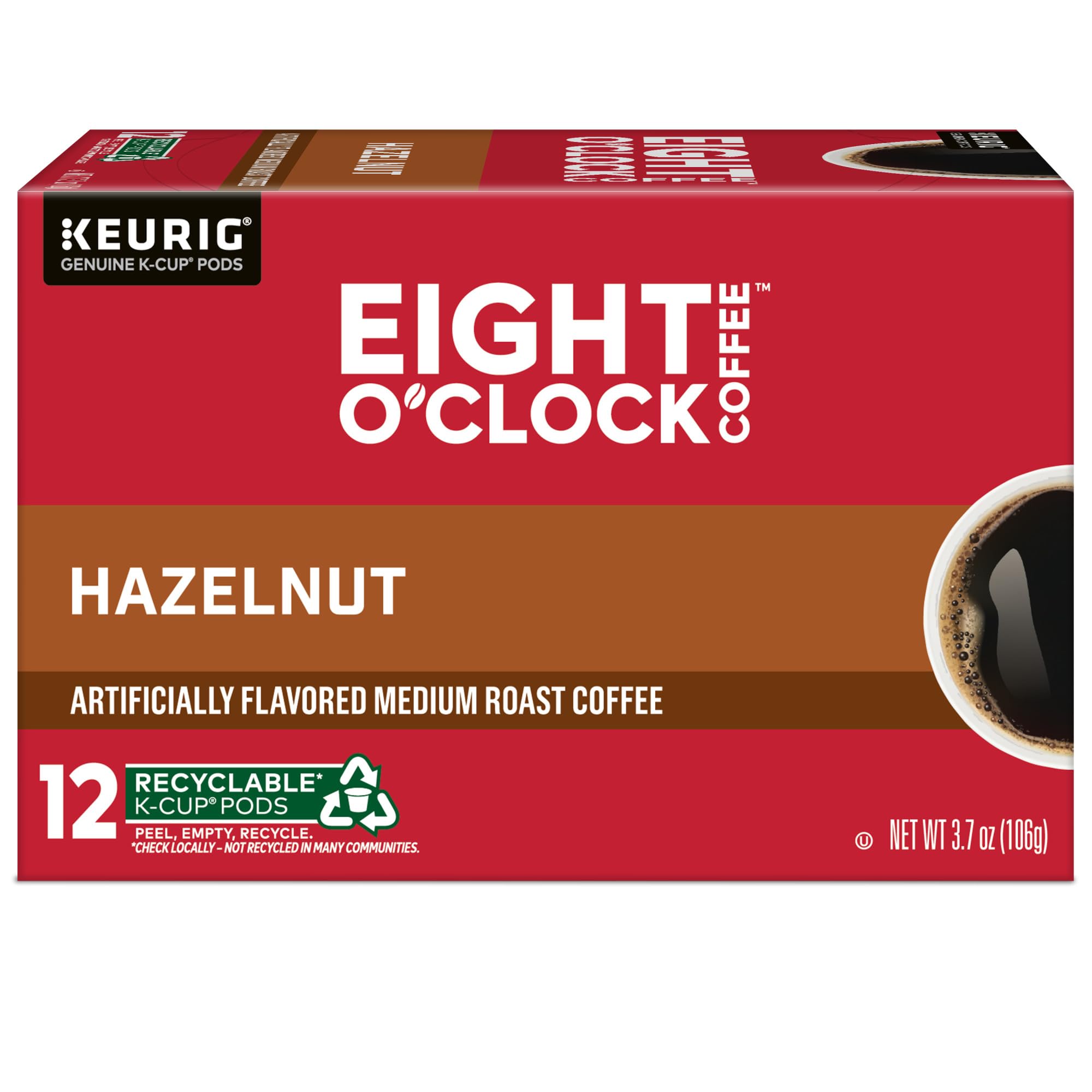 Eight O'Clock Hazelnut Arabica beans close-up shows quality origins.