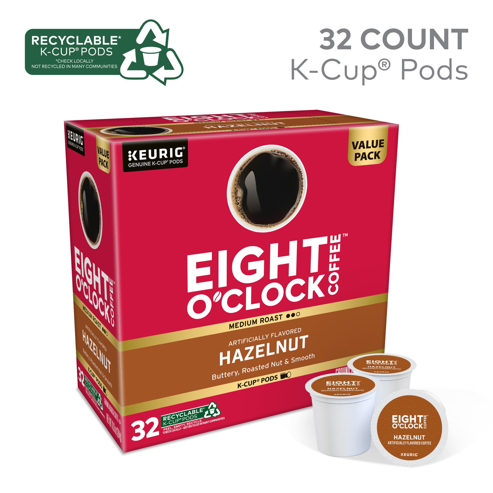 Eight O'Clock hazelnut aroma steaming cup with inviting fragrance