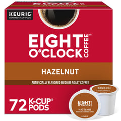 Eight O'Clock Hazelnut packaging on shelf shows convenient, ready-to-brew mornings.
