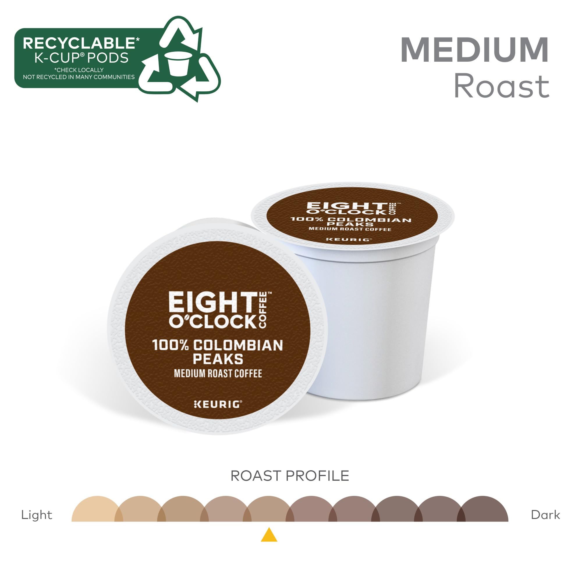 Eight O'Clock recyclable packaging label on K-Cup pods.