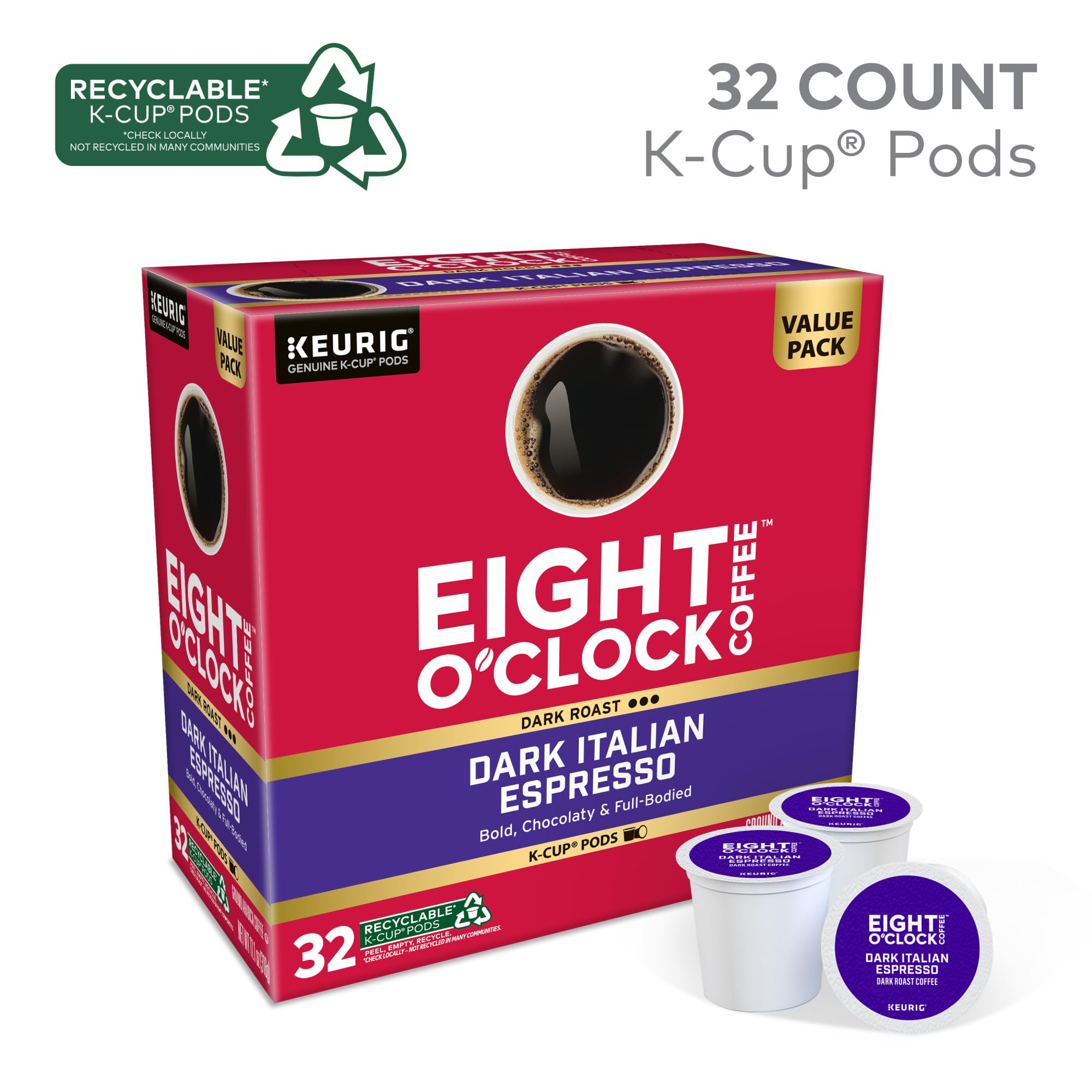 Eight O'Clock K-Cup pod in Keurig brewer for quick espresso.