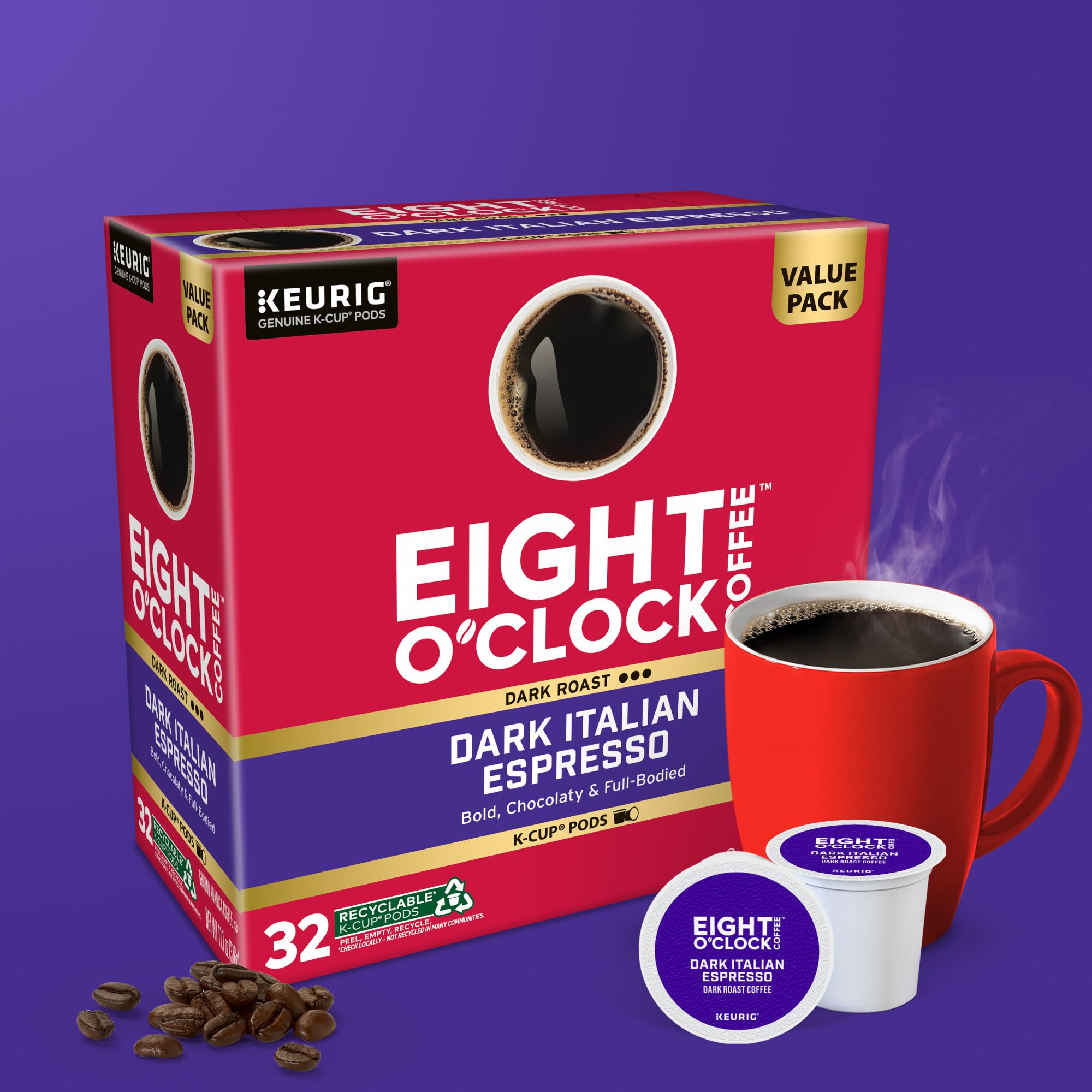 Top-view Eight O'Clock K-Cup pod ready for fast single-serve.