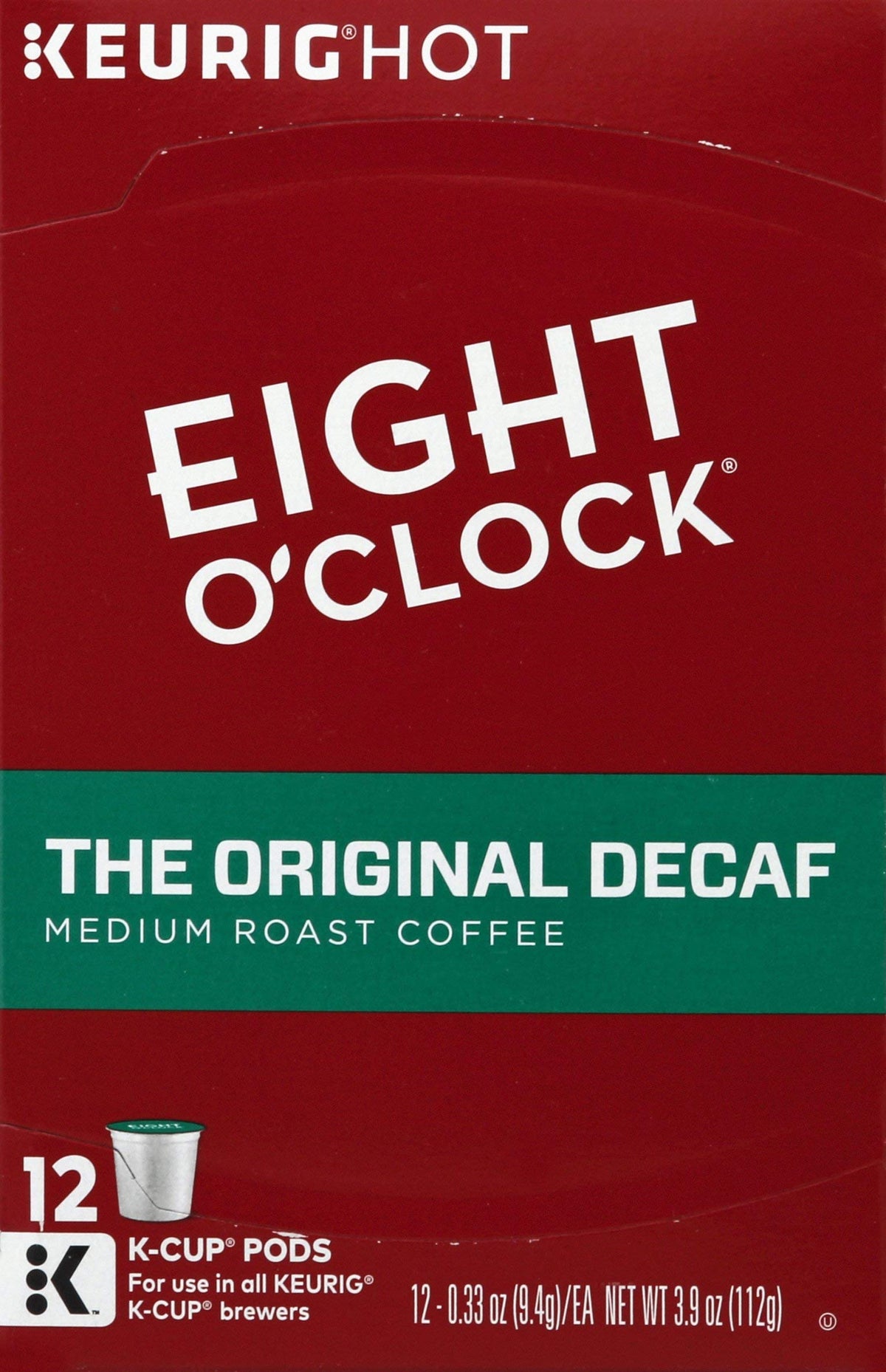 Eight O'Clock Original Decaf Coffee box showing rich aroma and single-serve convenience