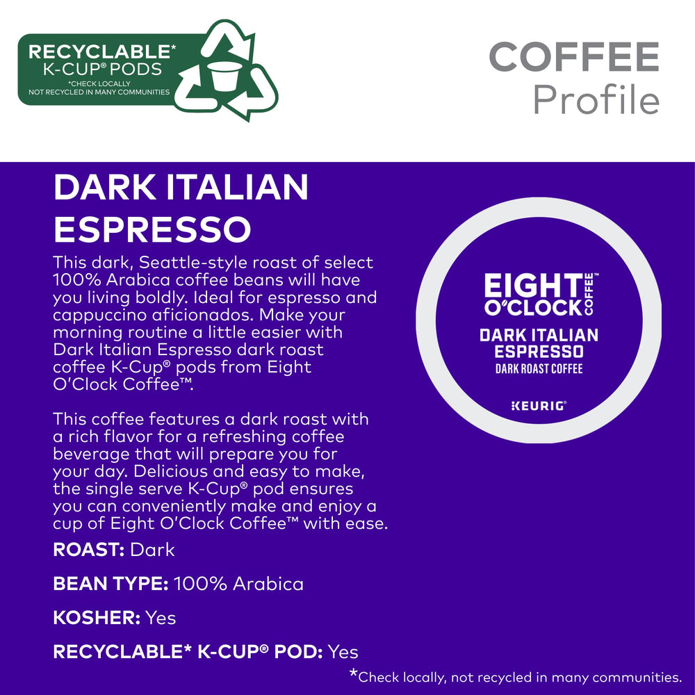 Close-up of Eight O'Clock Dark Italian Roast K-Cup showing rich roast color