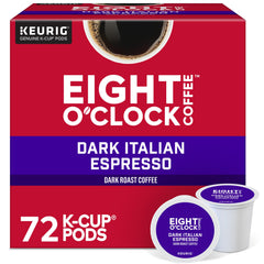 Eight O'Clock Dark Italian Roast K-Cup pods ready for quick mornings