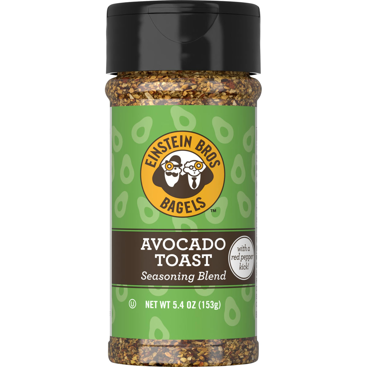 Einstein Bros Avocado Toast Seasoning bottle on a kitchen counter for quick flavor enhancement.
