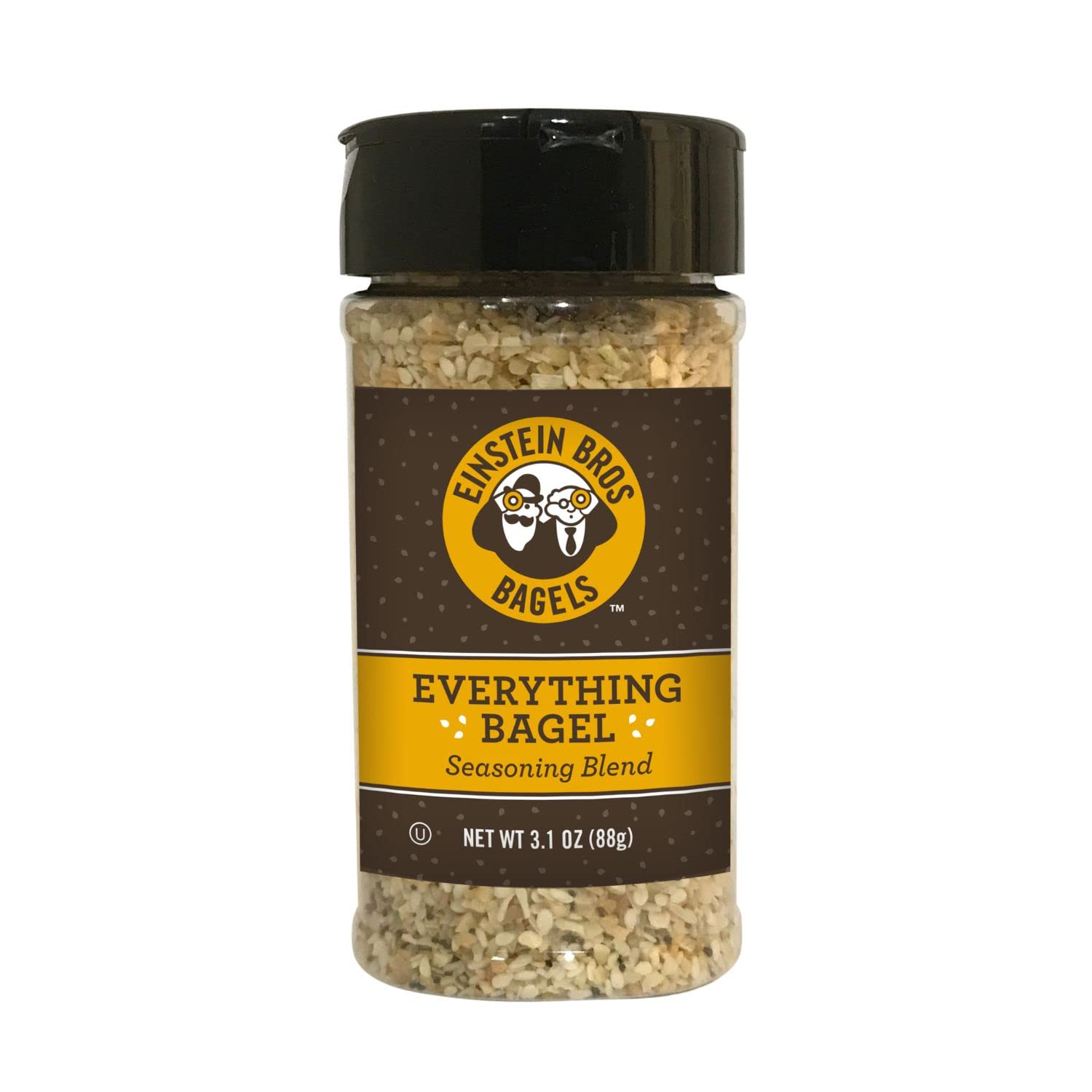 Einstein Bros Everything Bagel Seasoning bottle on counter, ready for topping experiments.