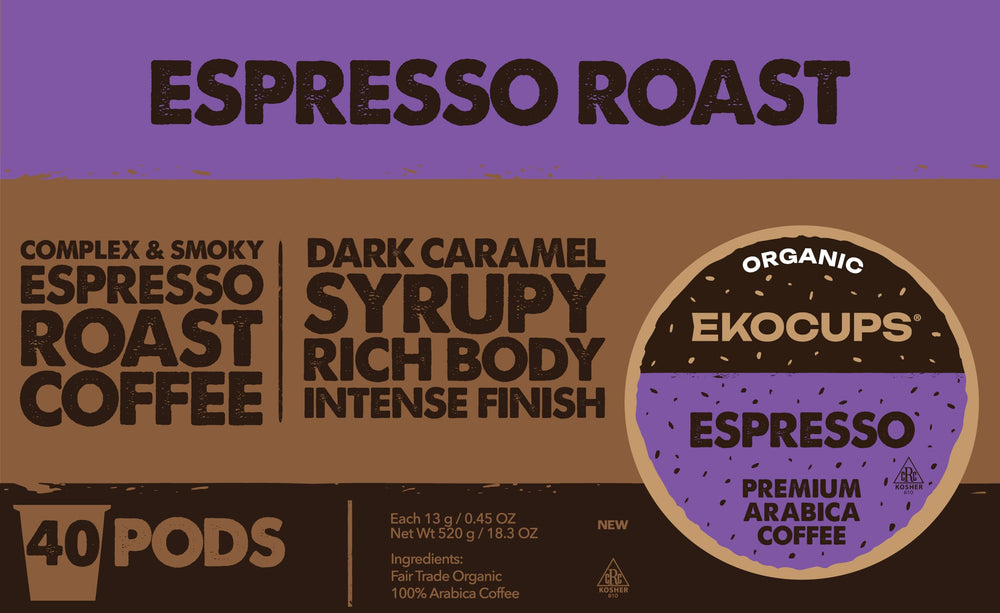 EKOCUPS Dark Roast Pods offer a complex, smoky profile with syrupy caramel notes.