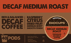 EKOCUPS decaf coffee pods packaging highlights recyclable materials and fair trade sourcing