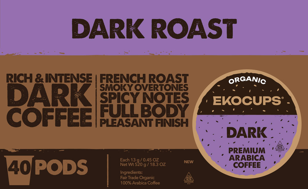 EKOCUPS organic dark roast pod packaging showing 40-count box
