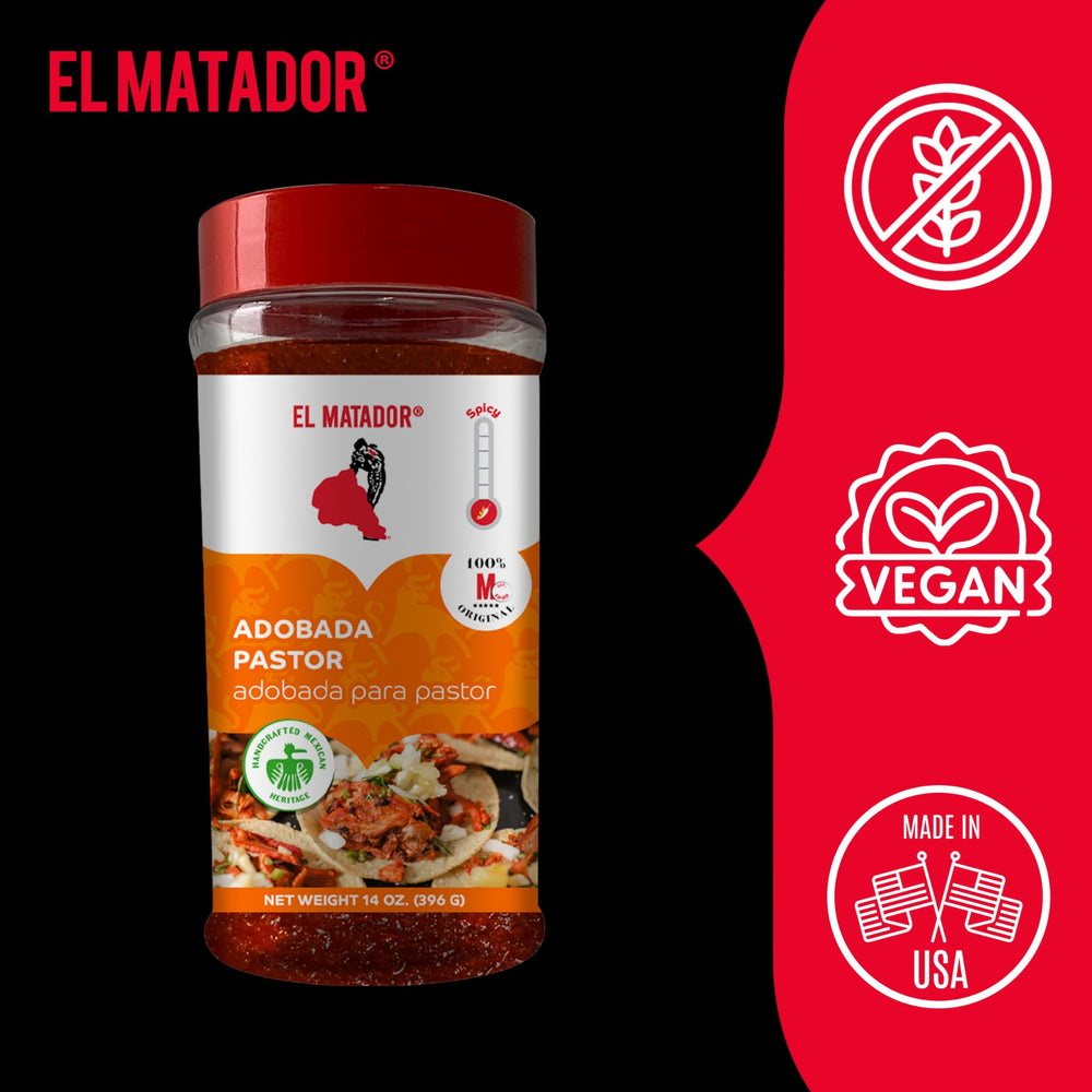 El Matador Adobada Al Pastor ingredients glow, gluten-free blend supports diverse kitchen needs.
