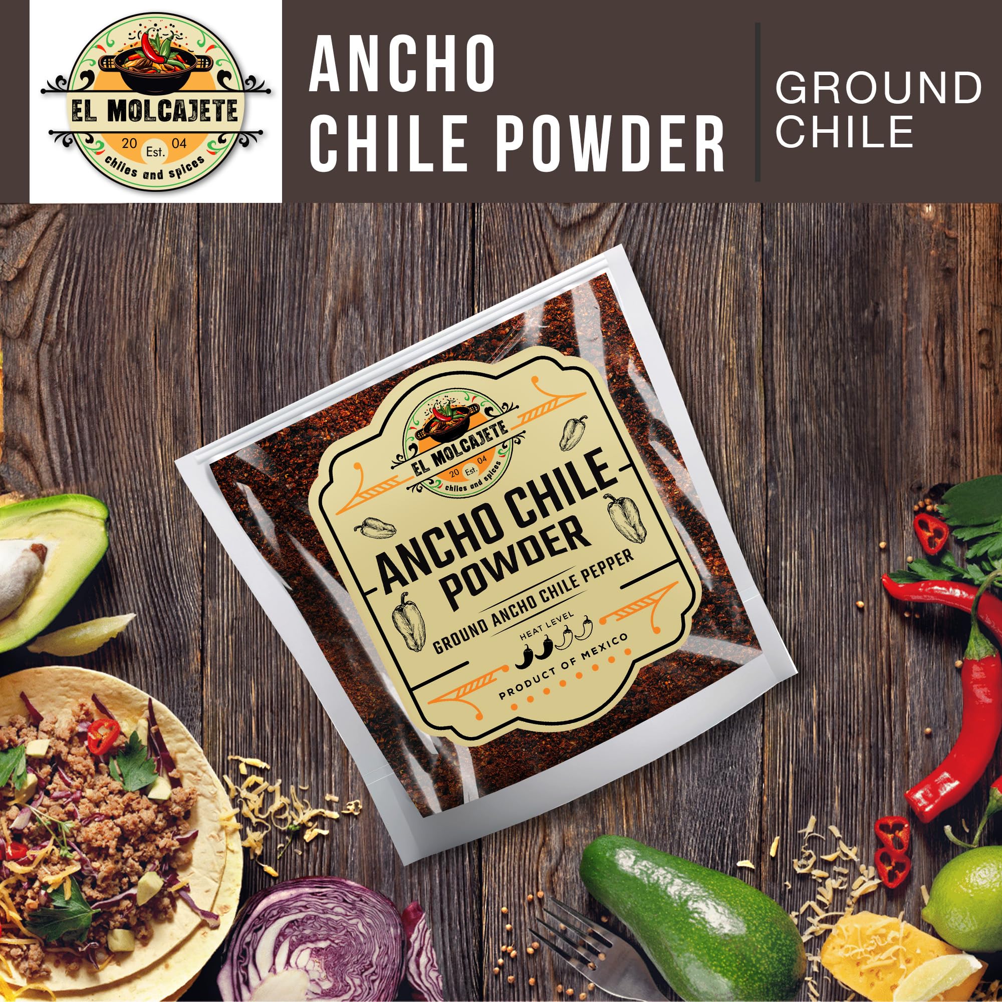 El Molcajete Ancho Chile Powder packaging close-up showing reseal.
