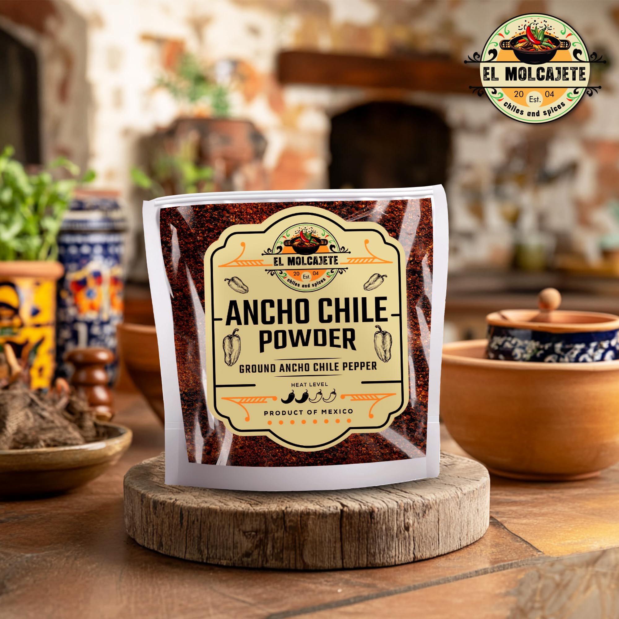 El Molcajete ancho chile powder stored in a pantry spice area.