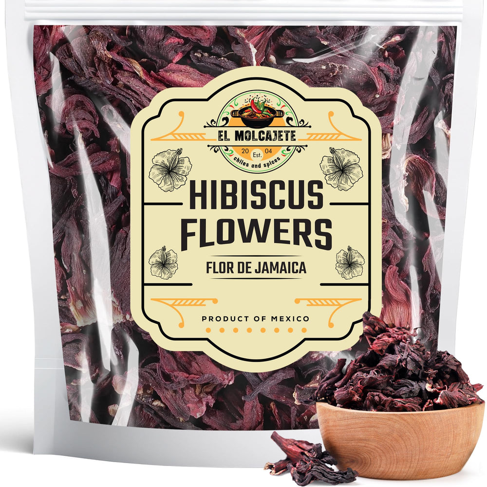El Molcajete Hibiscus Flowers 8oz packaging with vibrant petals for flavorful brews