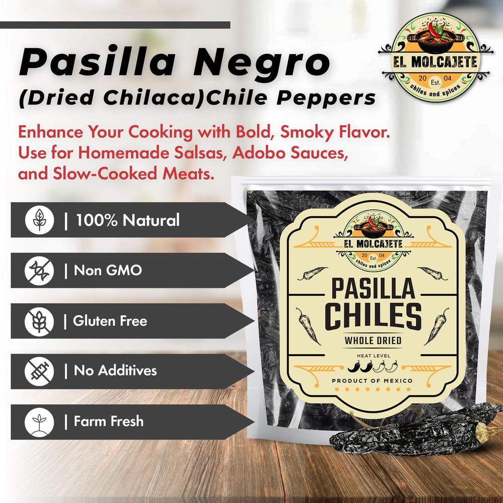 El Molcajete Pasilla Negro chiles bag back showing freshness and pantry use.