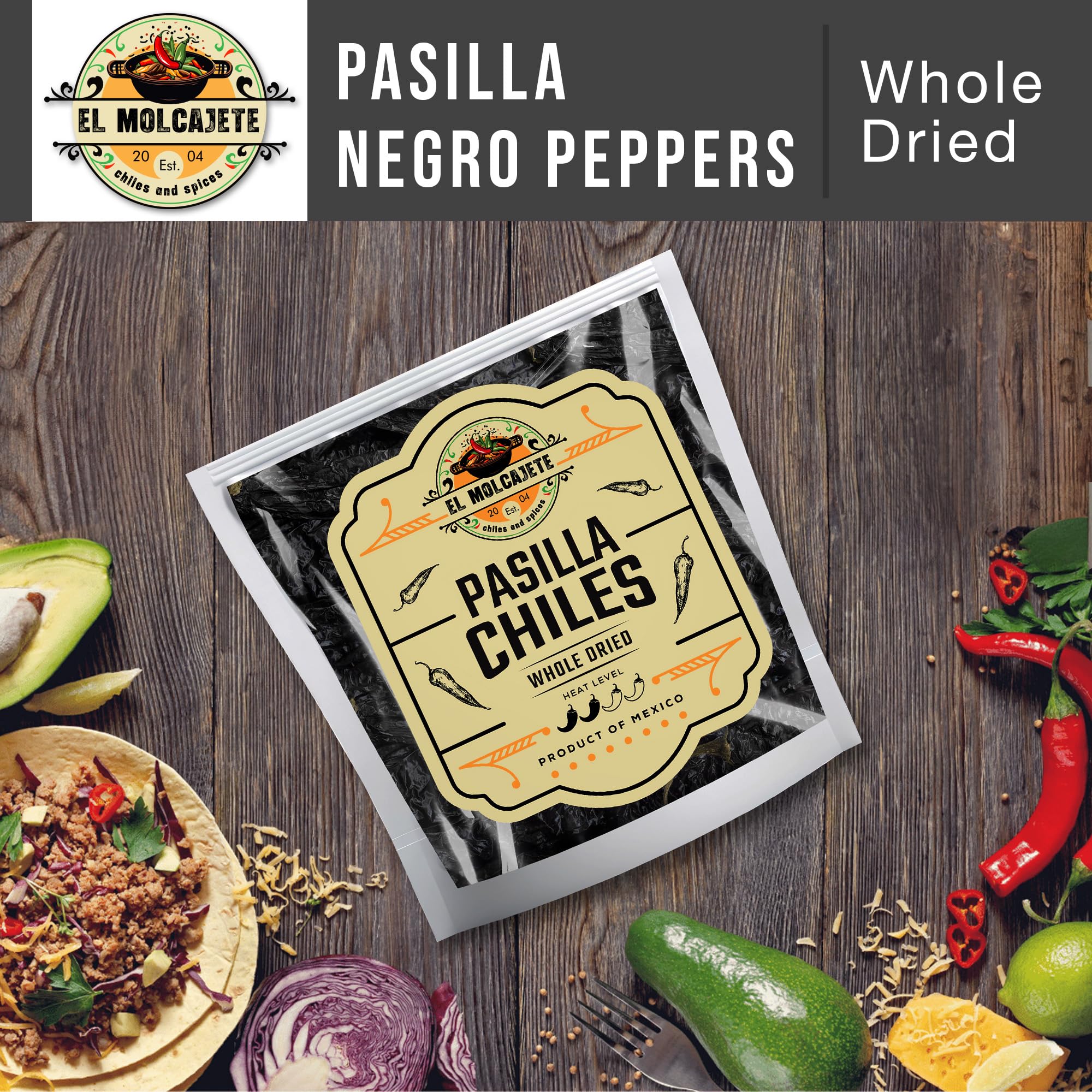 El Molcajete Pasilla Negro chiles eco-packaging highlights natural quality.