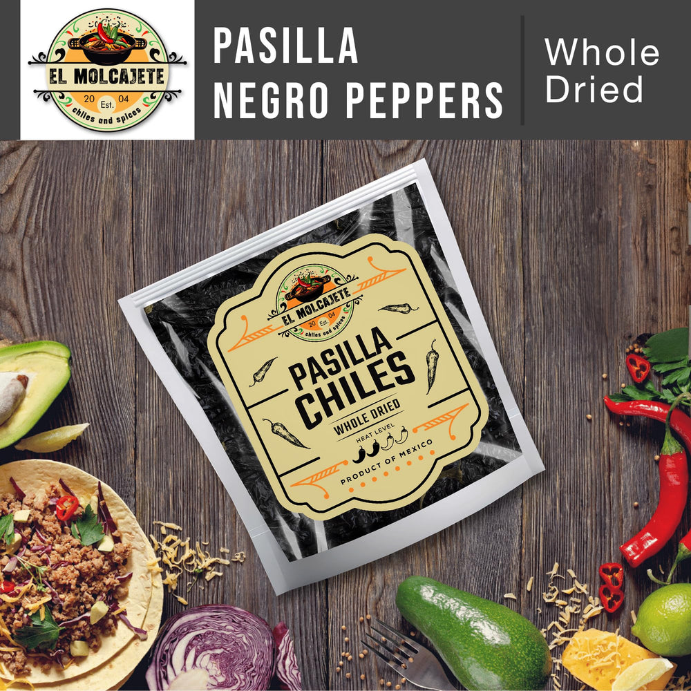 El Molcajete Pasilla Negro chiles eco-packaging highlights natural quality.