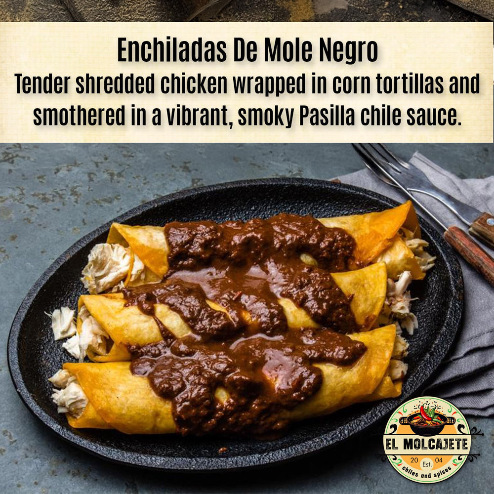 El Molcajete Pasilla Negro chiles rehydrated ready to blend into smoky sauces.