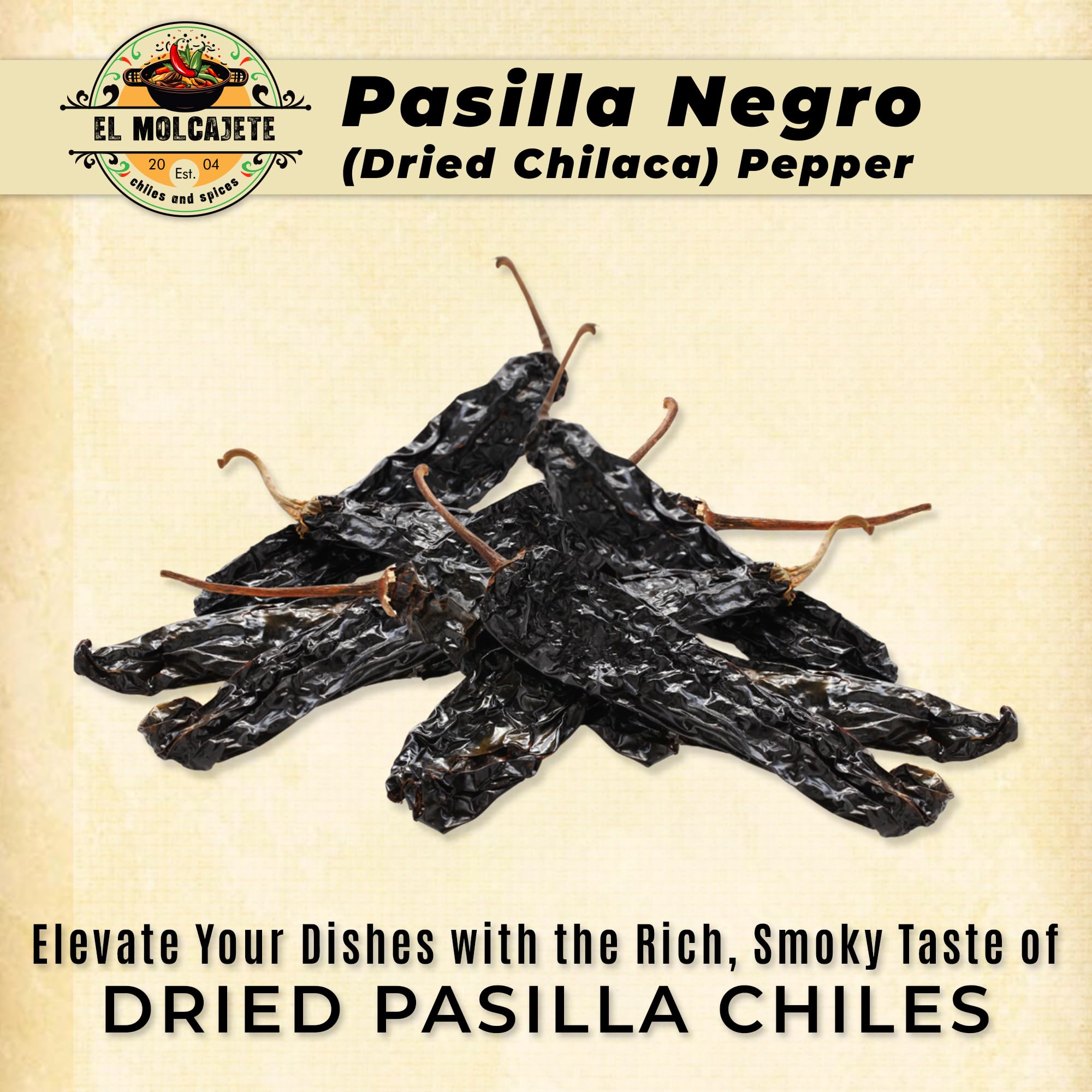 El Molcajete Pasilla Negro chiles whole peppers close-up reveal earthy texture.