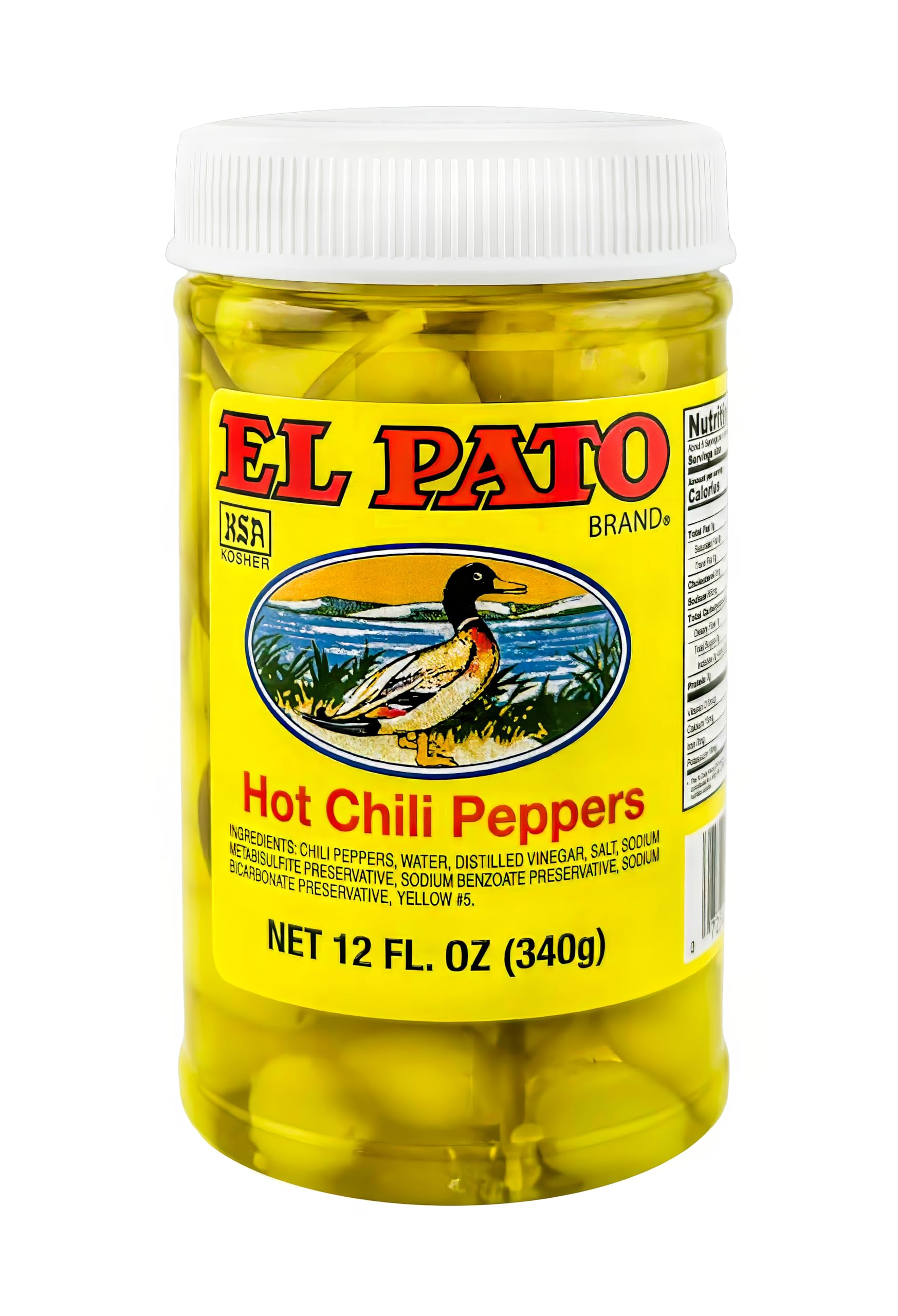El Pato hot yellow chili peppers jar front, vibrant peppers for tangy heat on sandwiches
