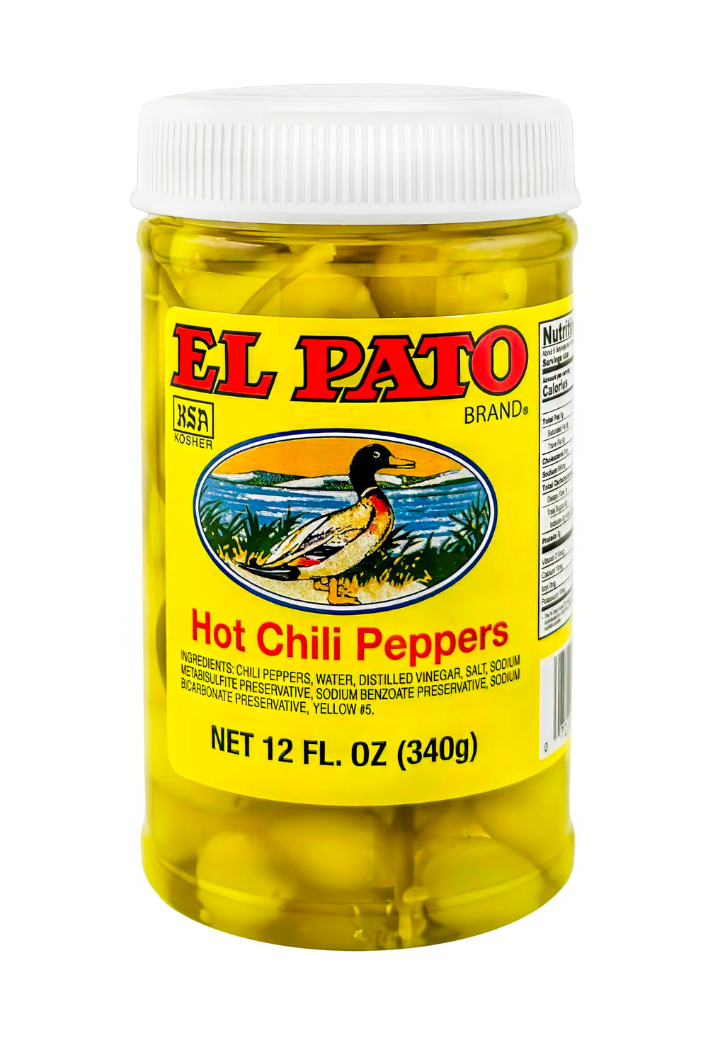 El Pato hot yellow chili peppers jar front, vibrant peppers for tangy heat on sandwiches