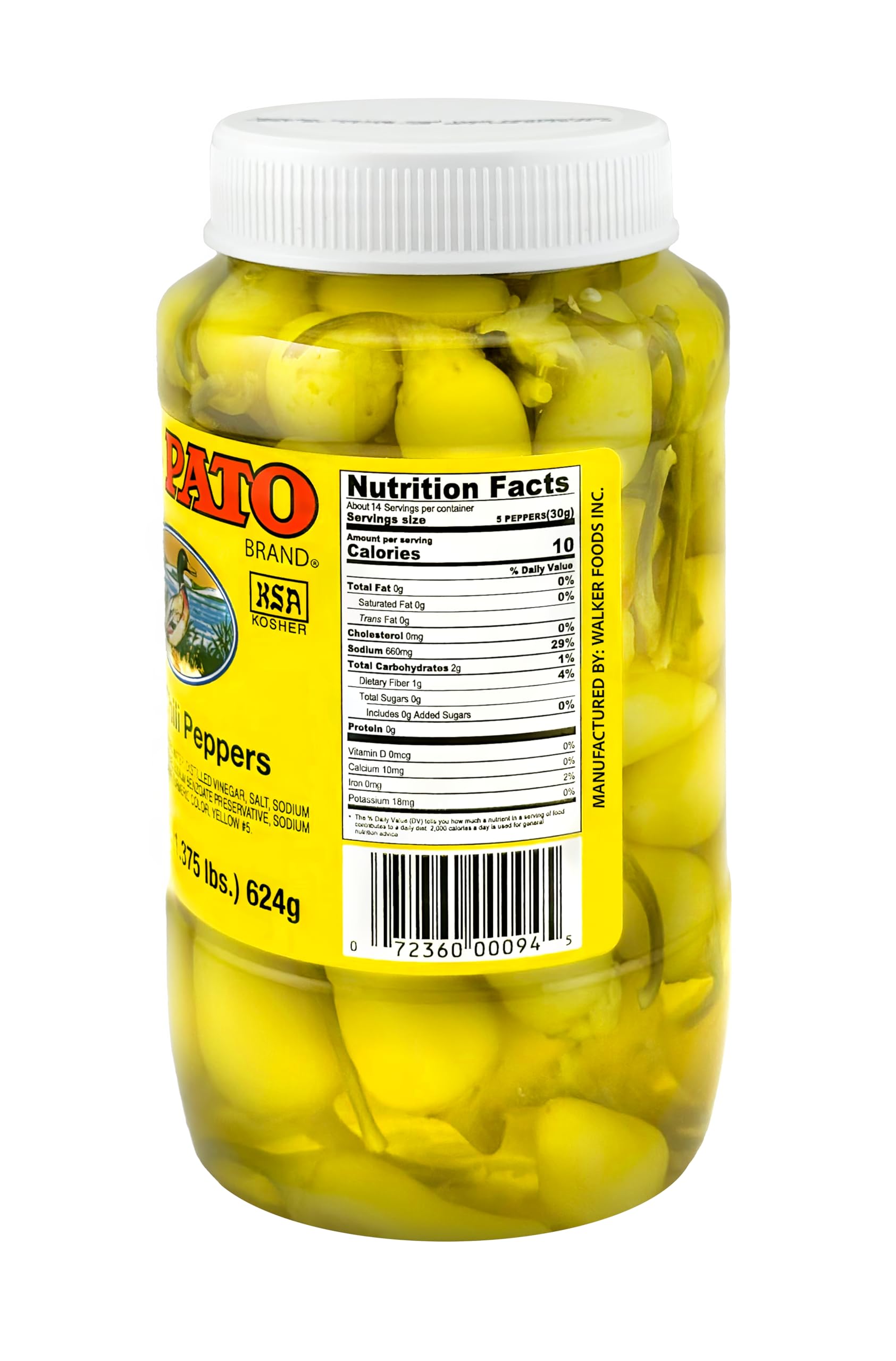 El Pato label closeup highlights kosher certification and authentic pickled peppers