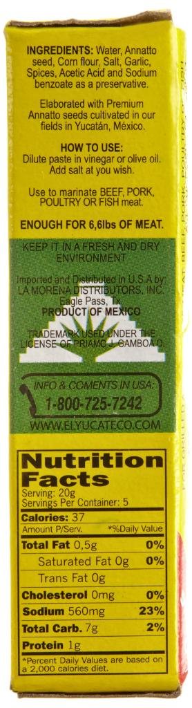 El Yucateco Achiote Paste jar label close-up highlighting ingredients and origin.