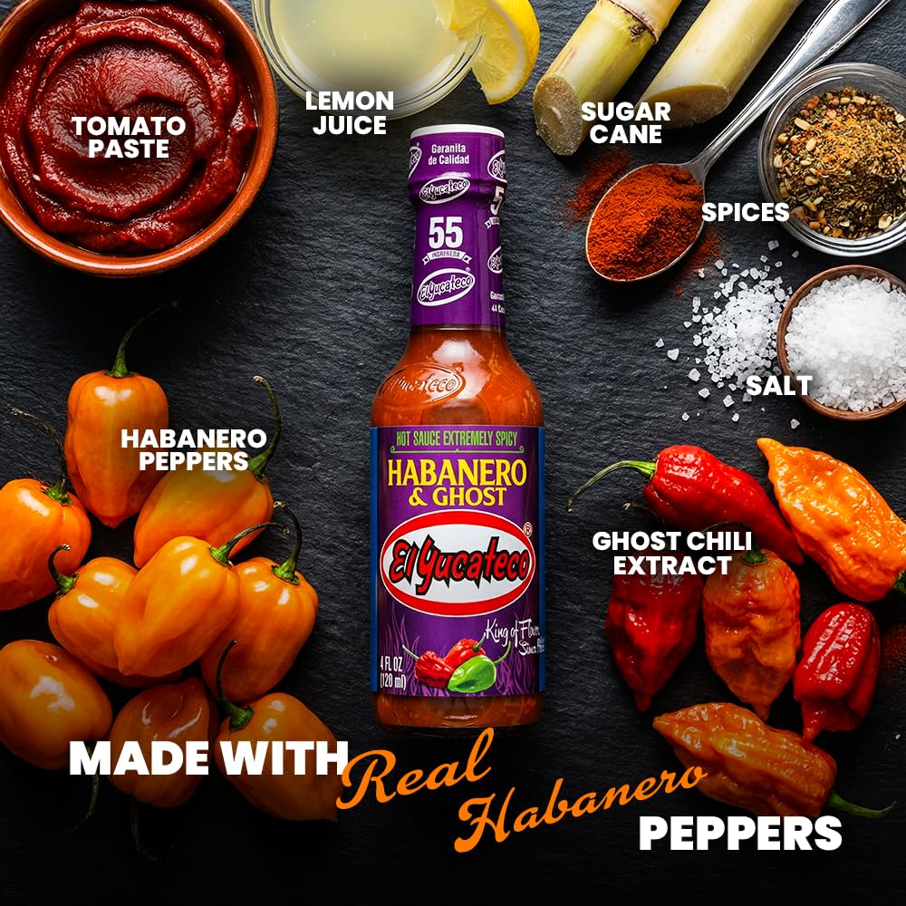 Front label of El Yucateco sauce highlights premium ingredients and bold heat.