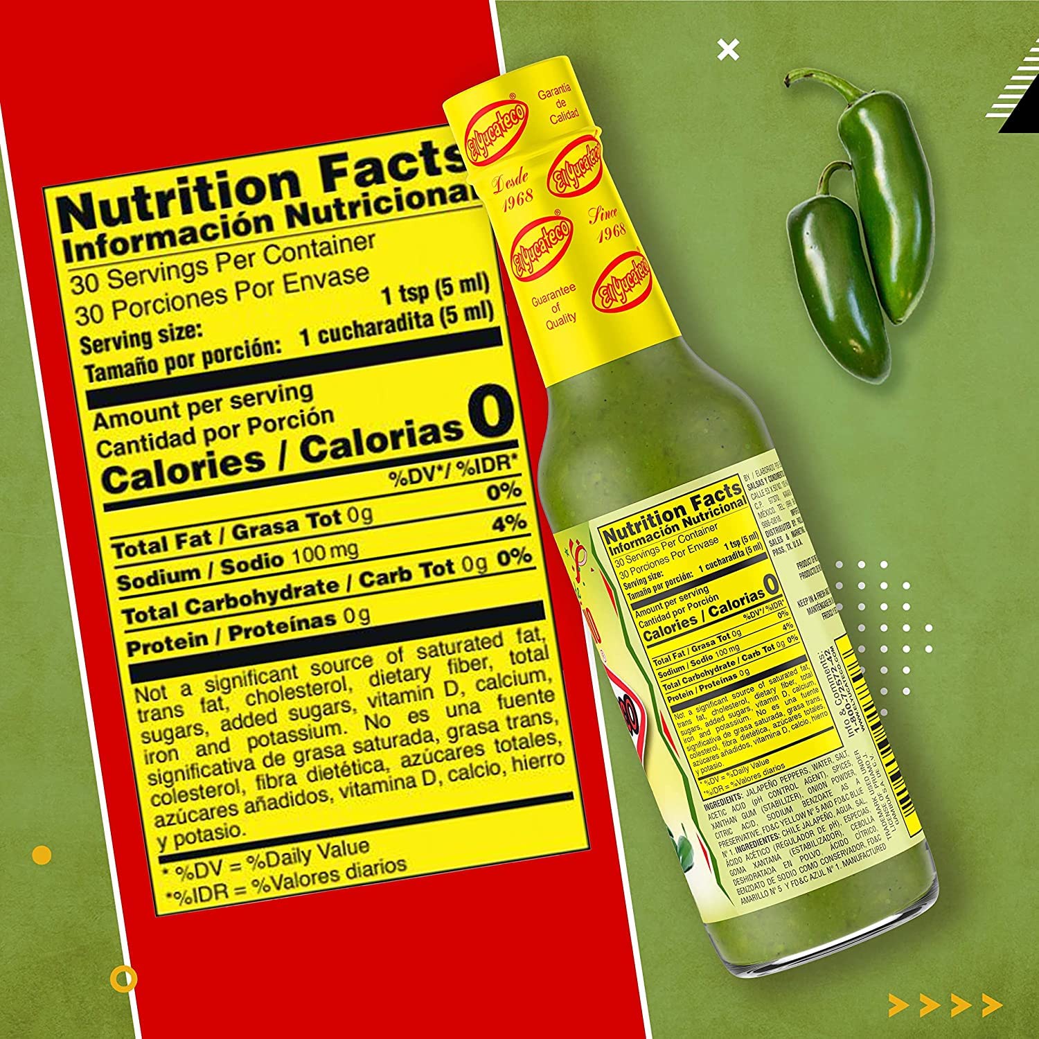 El Yucateco Jalapeno hot sauce with fresh jalapeño peppers on display for meals.