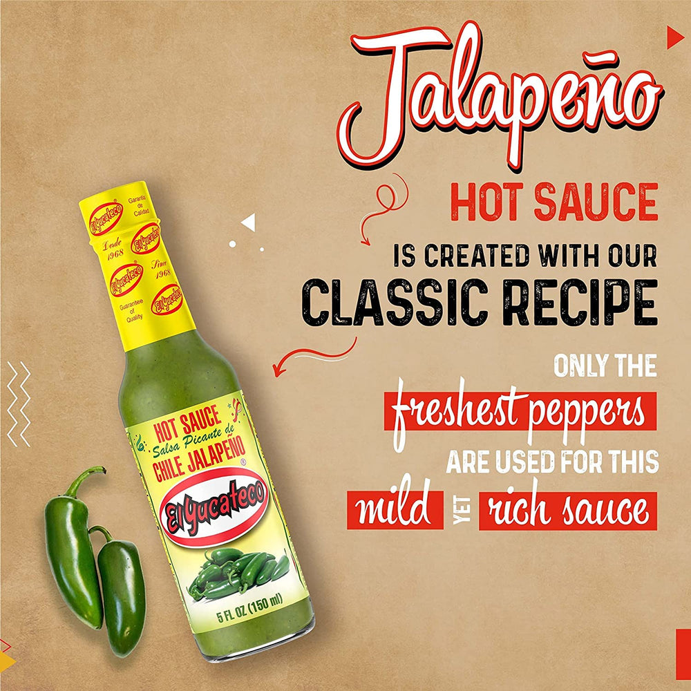El Yucateco Jalapeno hot sauce label close-up showing classic, mild jalapeño profile.