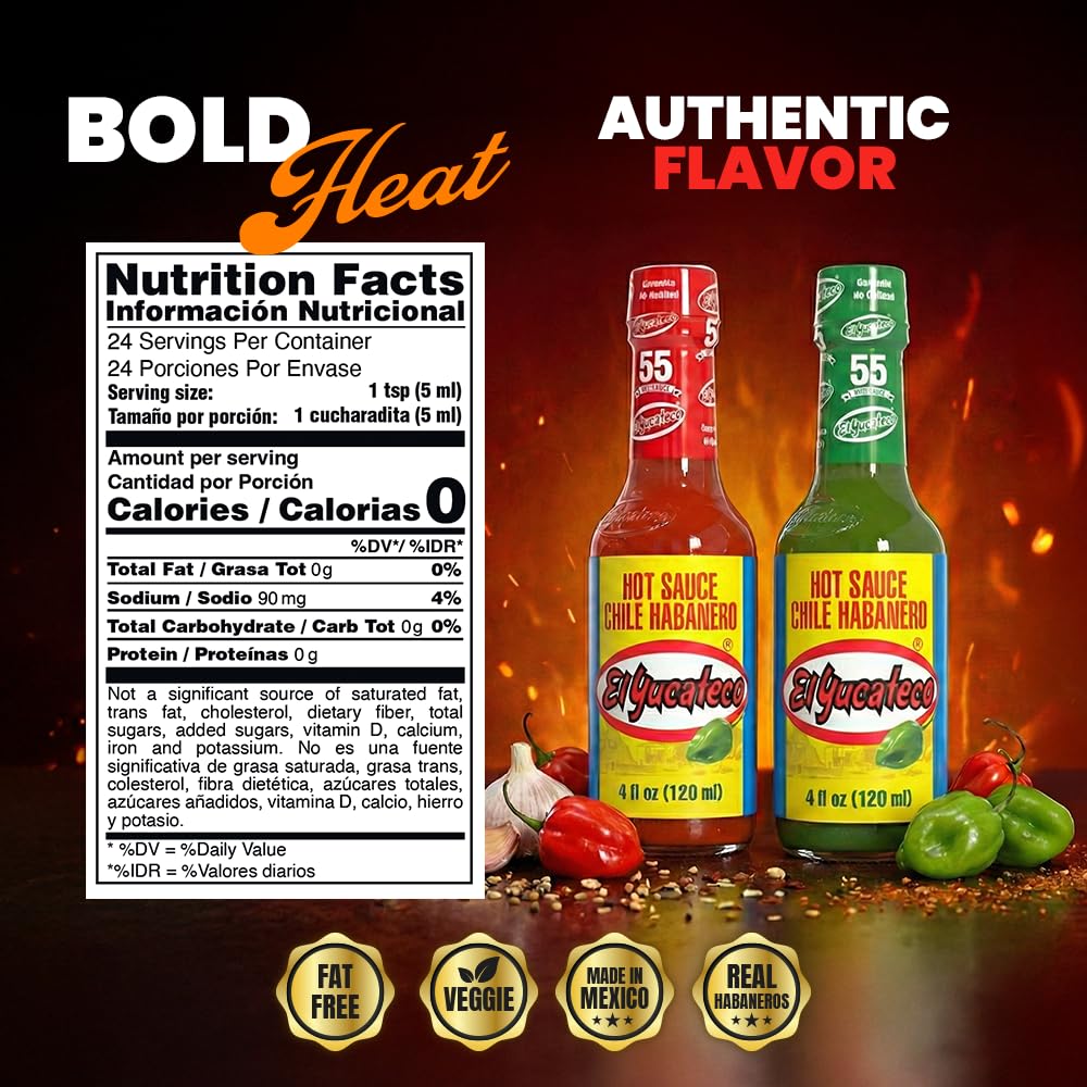 El Yucateco Red habanero sauce bottle pouring with bold color.