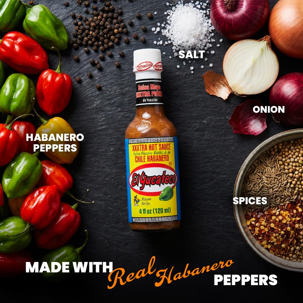 El Yucateco XXXtra Hot Habanero sauce dispensing pour — easy to drizzle.