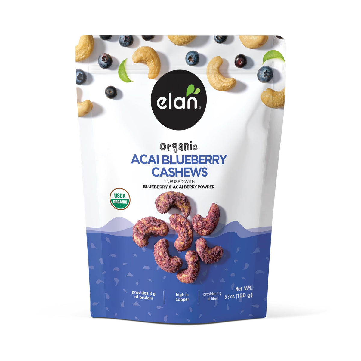 Elan Acai Blueberry Cashews pack shot, gluten-free and kosher-certified snack.