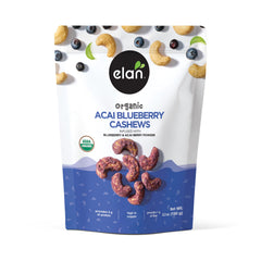 Elan Acai Blueberry Cashews pack shot, gluten-free and kosher-certified snack.
