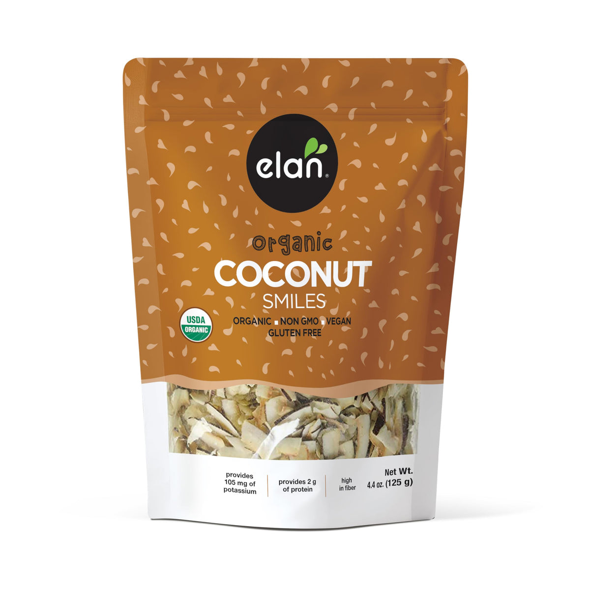 Elan Coconut Smiles packaging, convenient organic snack on the go.
