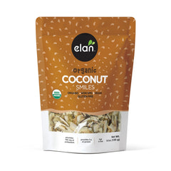 Elan Coconut Smiles packaging, convenient organic snack on the go.