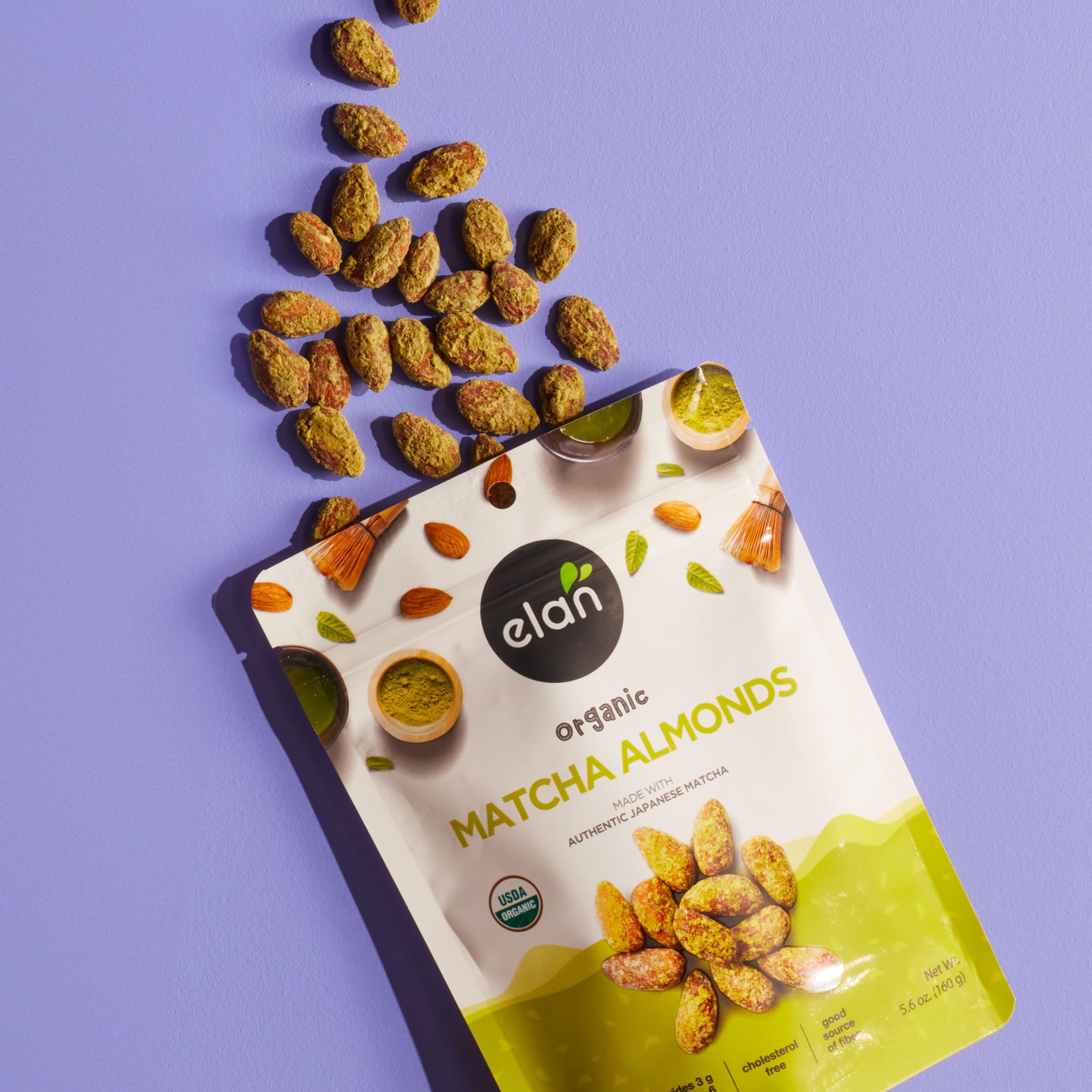 Elan Matcha Almonds ingredients layout highlighting almonds, coconut, and matcha for a wholesome bite