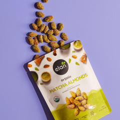 Elan Matcha Almonds ingredients layout highlighting almonds, coconut, and matcha for a wholesome bite