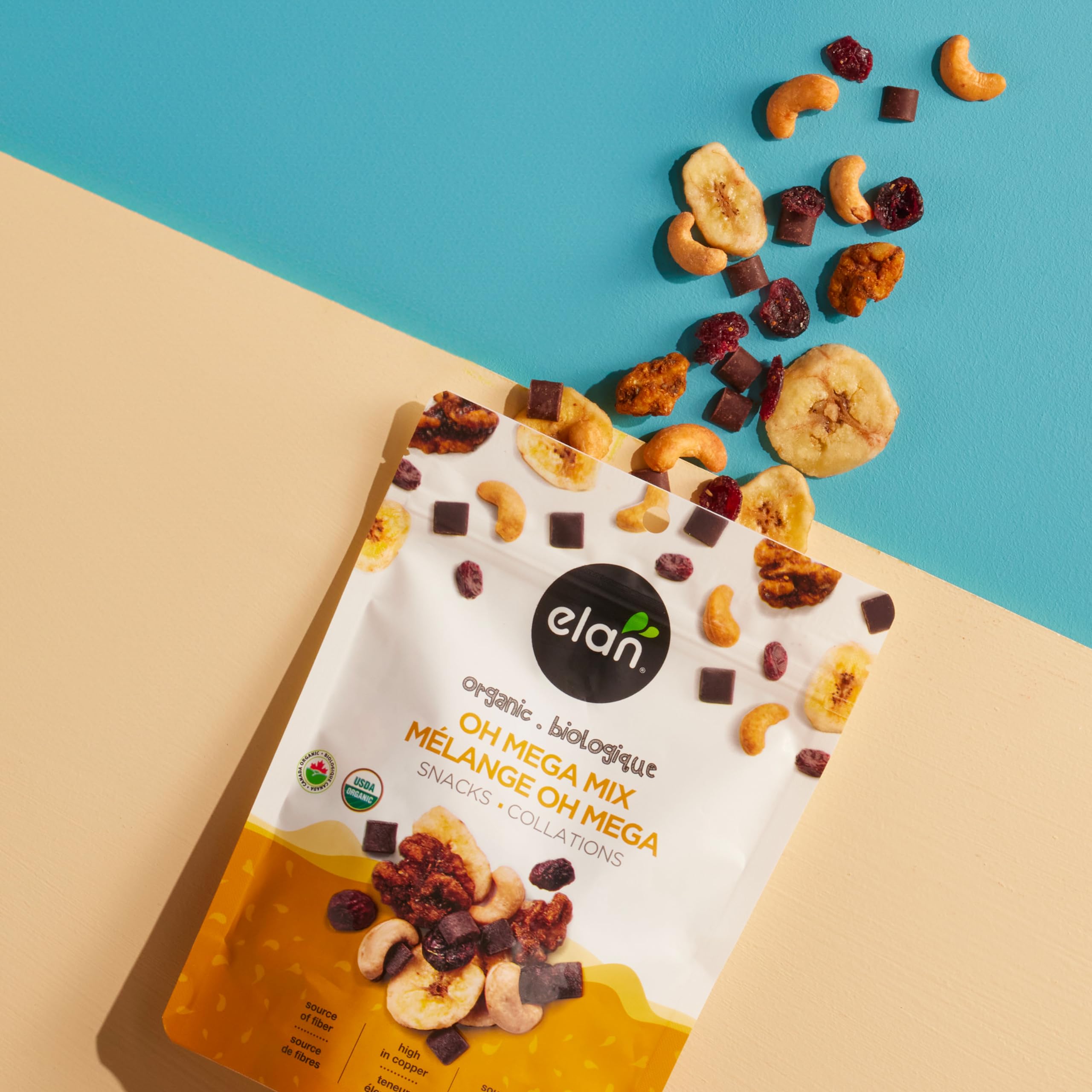 Close-up of vegan dark chocolate with cranberries and banana chips in Elan Oh Mega Mix