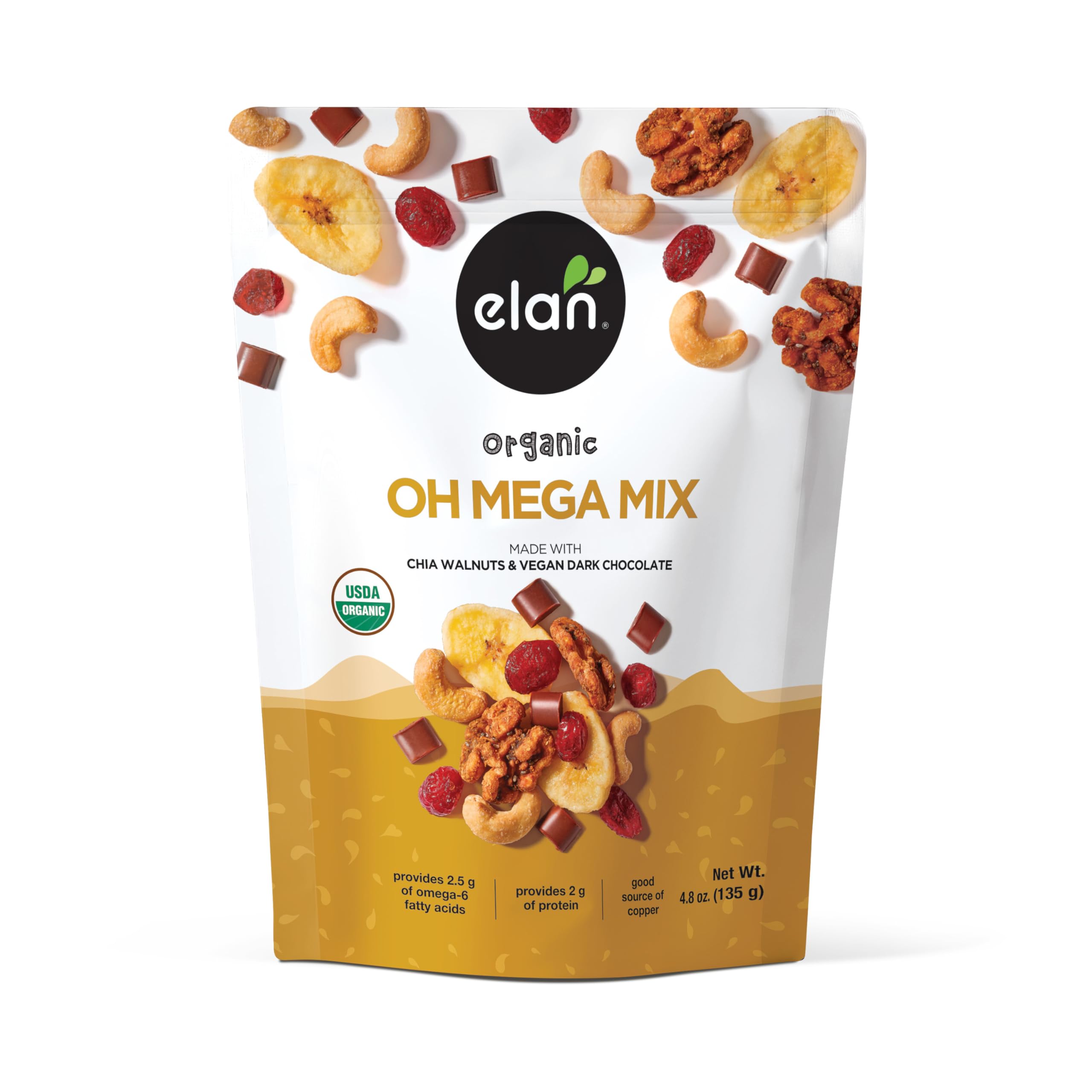Elan Oh Mega Mix front packaging showing organic ingredients for on-the-go snacking