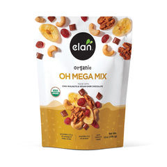 Elan Oh Mega Mix front packaging showing organic ingredients for on-the-go snacking