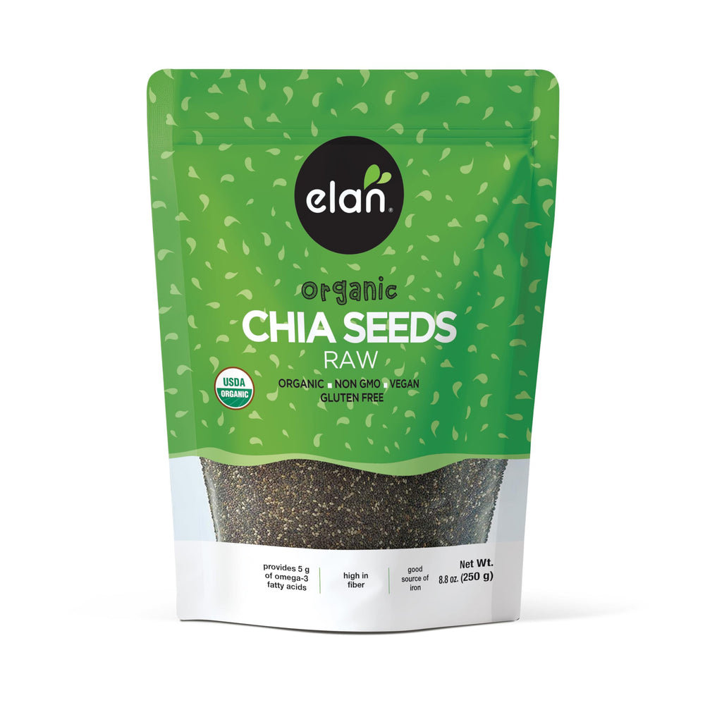 Elan Organic Chia Seeds bag front highlighting premium organic snacking versatility