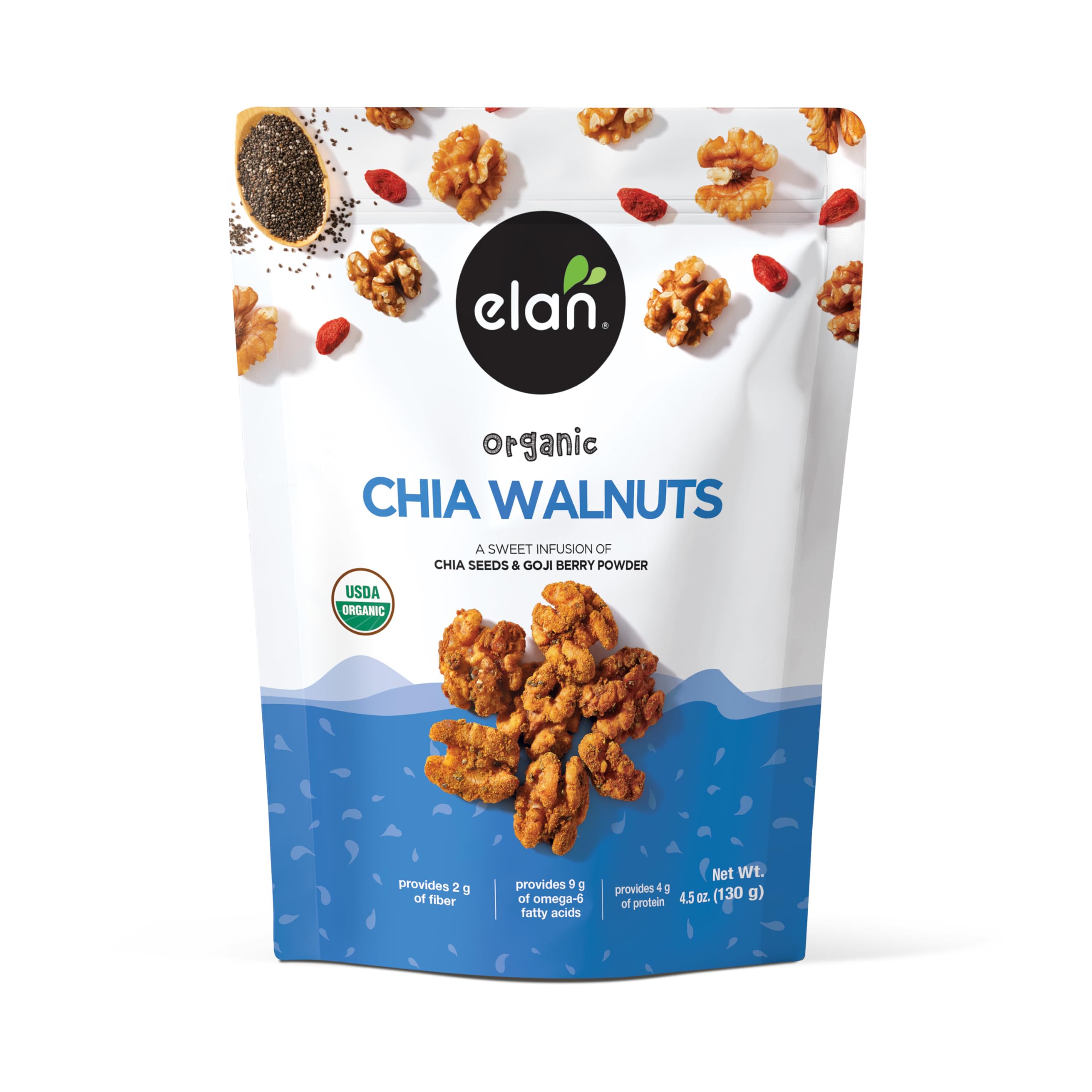 Elan Organic Chia Walnuts glazed with chia seeds, healthy on-the-go snack