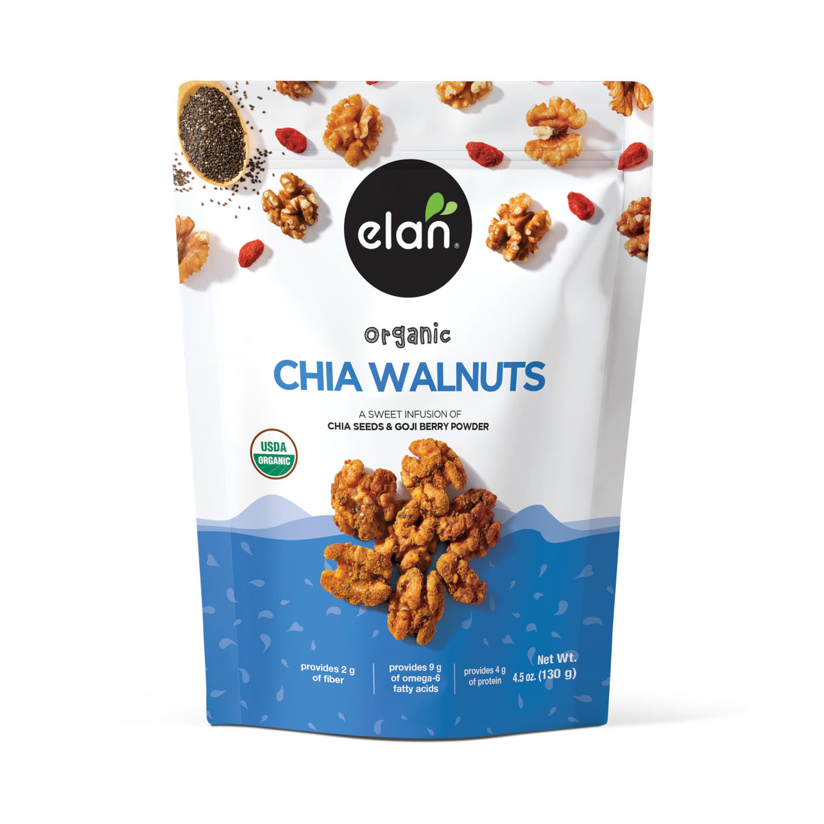 Elan Organic Chia Walnuts glazed with chia seeds, healthy on-the-go snack
