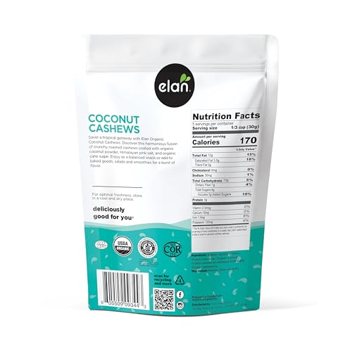 Elan Organic Coconut Cashews glaze closeup highlighting premium ingredients.