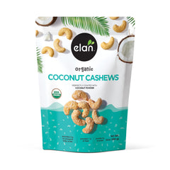 Elan Organic Coconut Cashews pack with glossy glaze, ideal for on-the-go snacking.