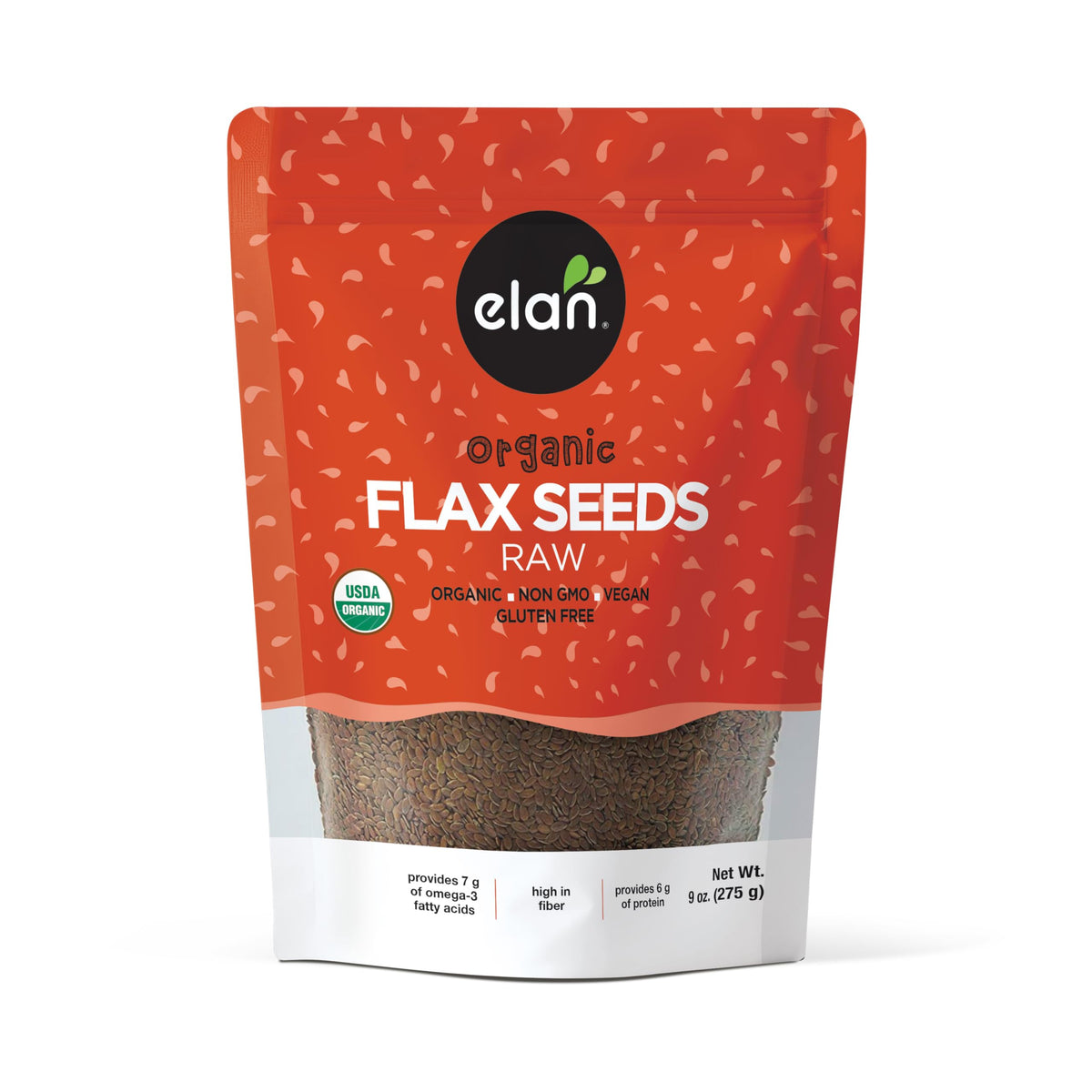 Elan Organic Flax Seeds packaging highlights a wholesome source of omega-3 and fiber.