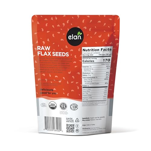 Elan Organic Flax Seeds whole seeds bag shows versatile use for smoothies and baking.