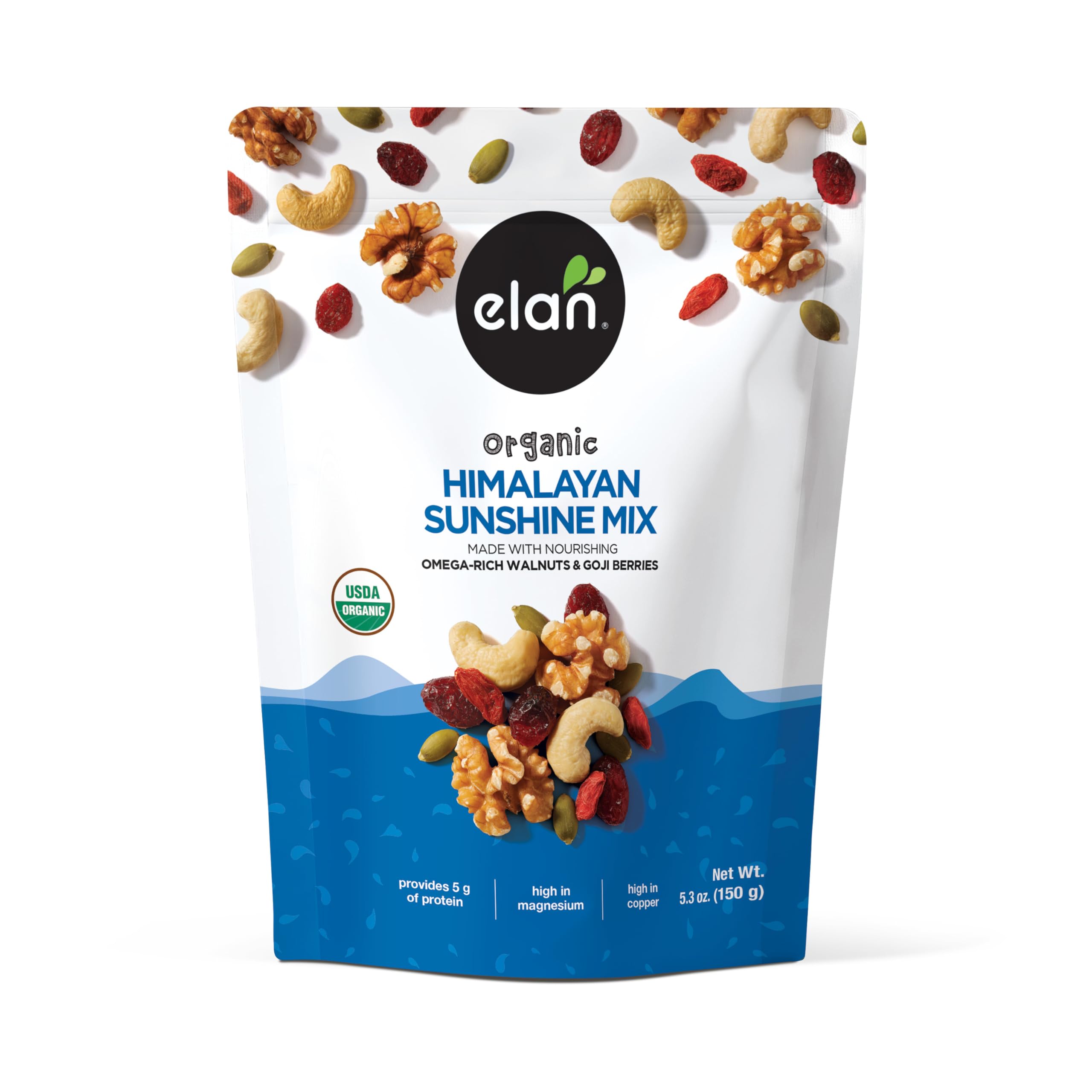 Elan Organic Himalayan Sunshine Mix ingredients displayed in a bowl for a balanced snack.